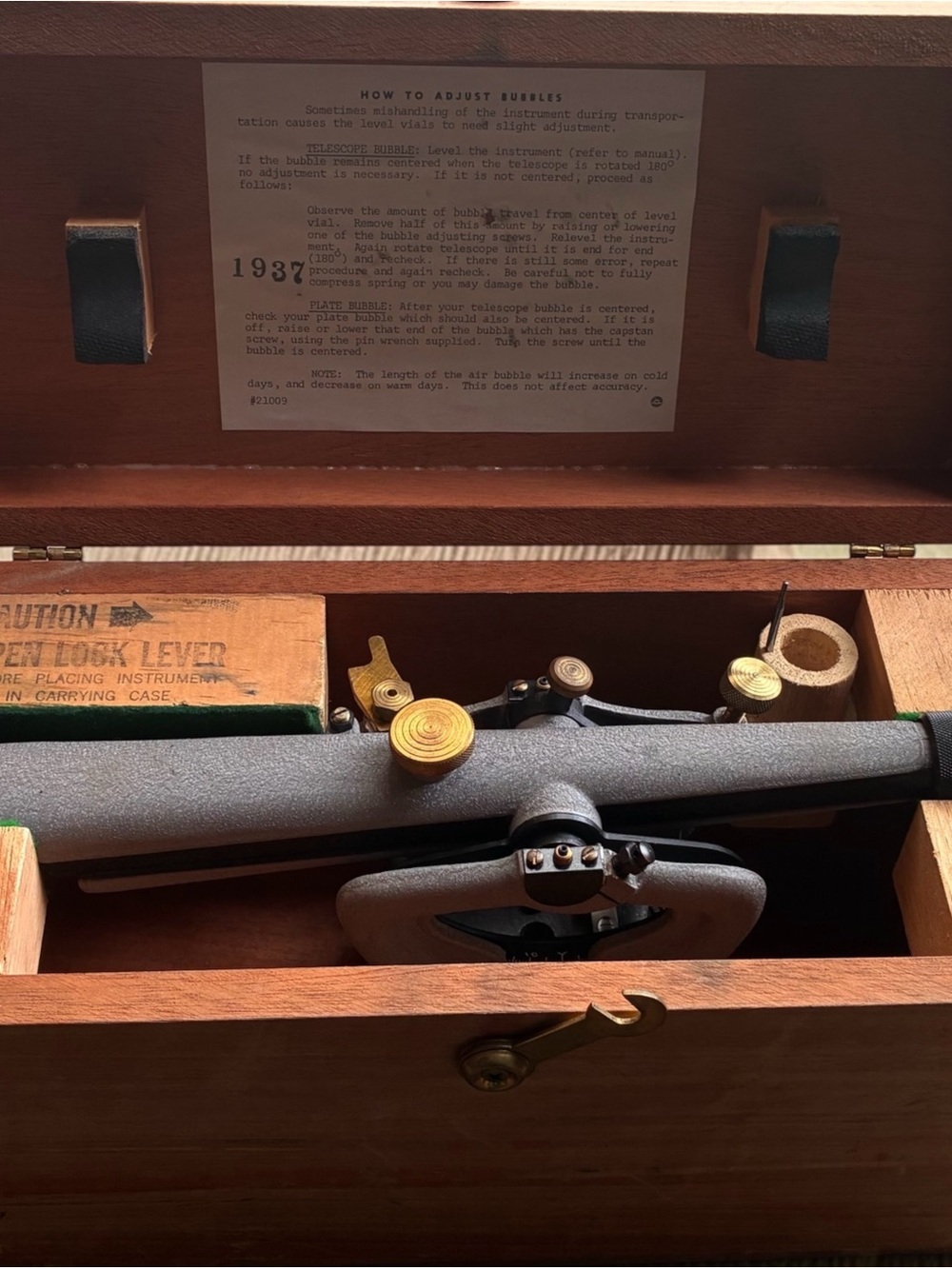 Vintage Wooden Box with Metal Survey Leveling Instrument - Brown & Gold